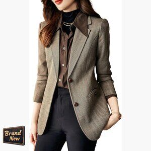 Wool Blend Blazer Notched Lapel Slim Fit Herringbone Plaid Office Jacket